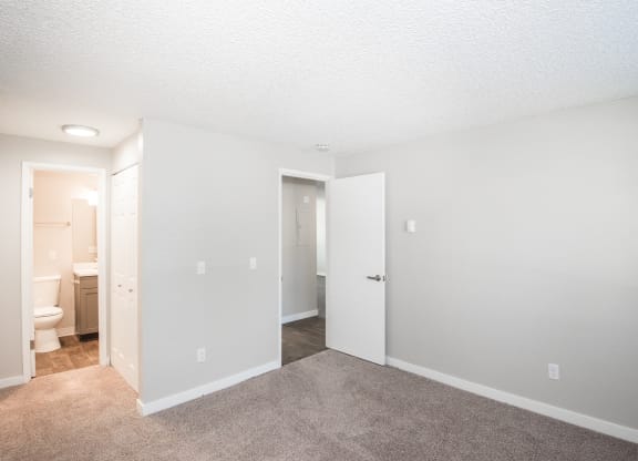 Fox Pointe Apartments Two Bedroom Model Bedroom and Bathroom