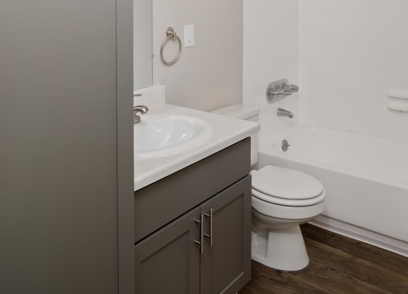 a bathroom with gray cabinets and a white bathtub