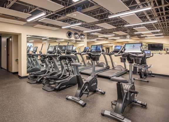A gym with treadmills and elliptical machines.
