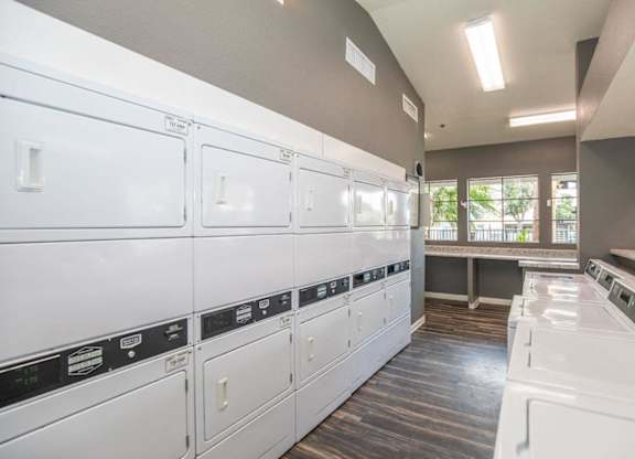 A row of white washing machines in a laundry room.