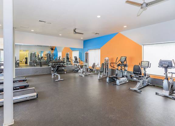 A gym with treadmills, weights, and exercise machines.
