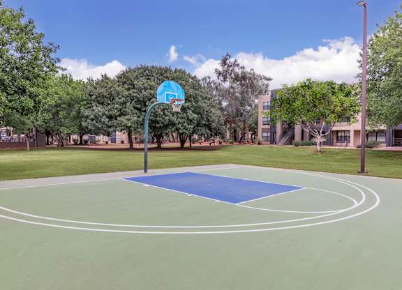 A basketball court with a blue hoop and green court.