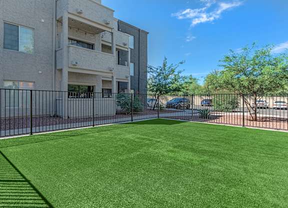 A grassy area in front of a building with a black fence.