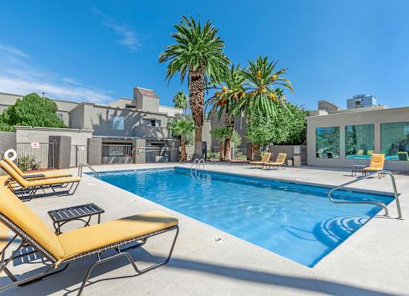 A pool with a yellow sun lounger and a palm tree in the background.