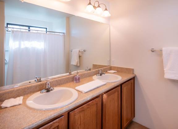 A bathroom with two sinks and a mirror.