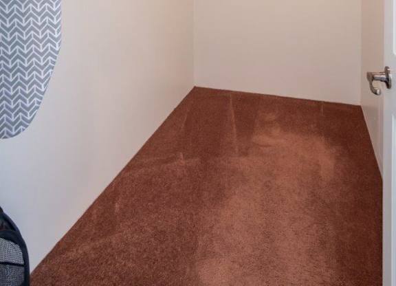 A walk-in closet with a brown carpet and white walls.