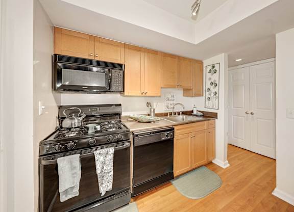 A kitchen with a black stove top oven and a black microwave above it.
