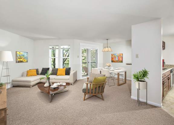 A living room with a white couch, a yellow chair, and a brown coffee table.