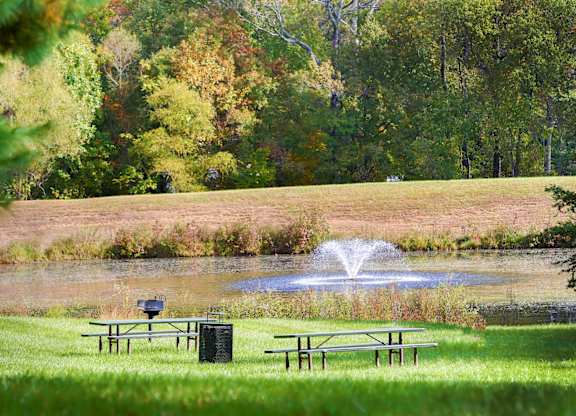 Picnic tables are set up near a pond with a fountain.