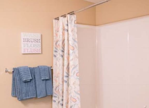 a bathroom with a shower curtain and some towels