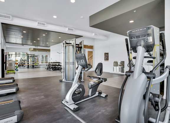 A gym with treadmills, elliptical machines and other exercise equipment.