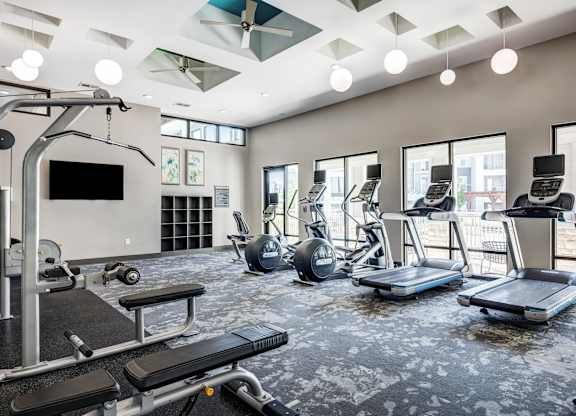 A spacious gym with a variety of equipment including treadmills, weights, and a television.
