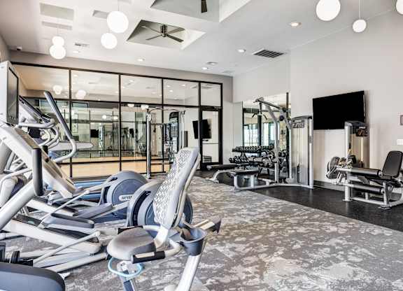 A gym with a variety of equipment including treadmills, weights, and a television.