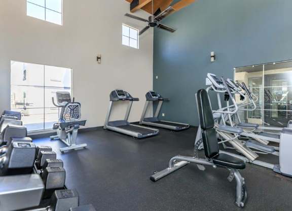 A gym with a variety of equipment including treadmills, weights, and a fan.