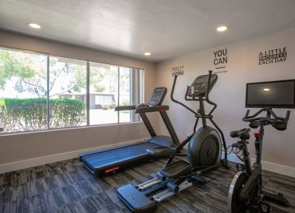 A gym room with a treadmill, exercise bike, and rowing machine.