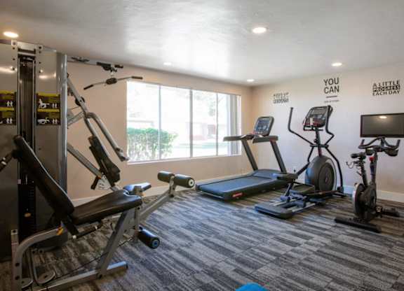 A gym with a variety of equipment including treadmills, elliptical machines, and a weight rack.