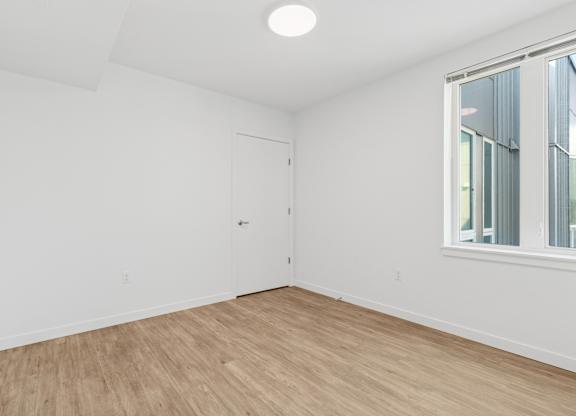 A room with a wooden floor and a window with a white frame.