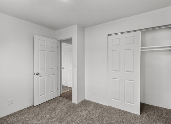 an empty bedroom with two closets and a door to a closet