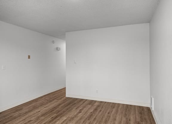 an empty room with white walls and wood flooring
