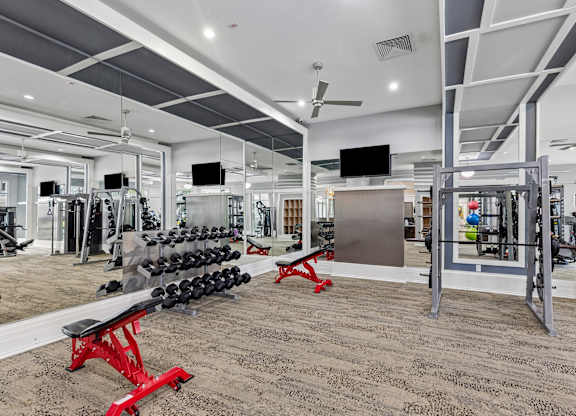 A gym with a variety of equipment including dumbbells, weight plates, and a bench press.