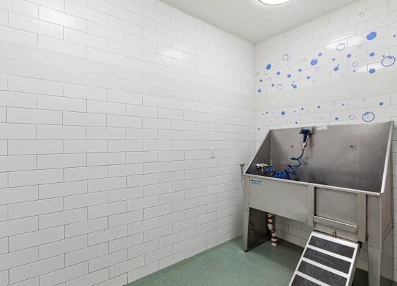 A white tiled wall with a stainless steel sink and a ladder.
