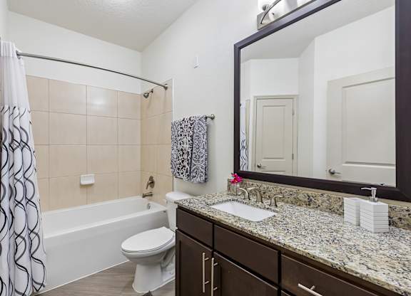 A bathroom with a white toilet, a bathtub with a shower curtain, a sink, and a mirror.