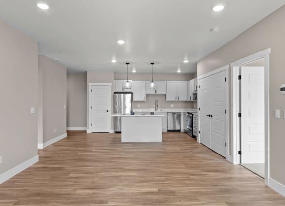 a kitchen and living room with a hardwood floor and white doors