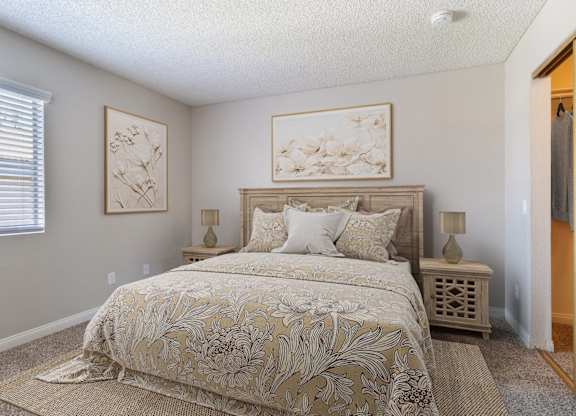 1-Bedroom Apartments in Murrieta, CA - Waterstone at Murrieta - Spacious Bedroom With Plush Carpeting, Closet With Sliding Mirror, And A Window