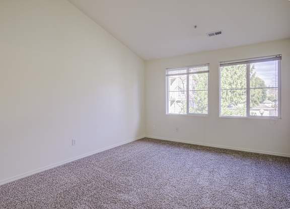 A room with a carpeted floor and two windows.