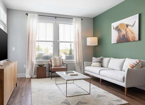 A living room with a grey couch, a coffee table, a television, and a painting of a bison on the wall.