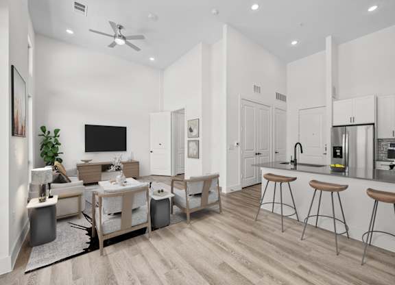 A modern living room with a bar area and a television.
