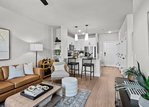 kitchen and living room at Lenox Grand, Austin 