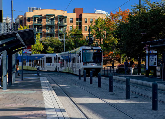 MAX public transport nearby Collins Circle apartments in the Goose Hollow district in Portland, Oregon.