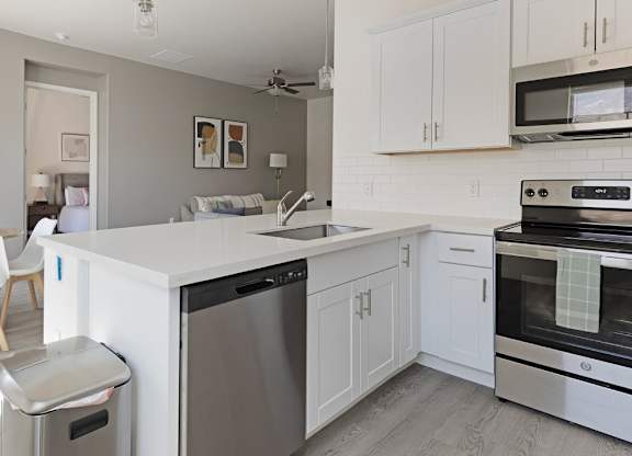 A modern kitchen with white cabinets and stainless steel appliances.