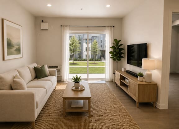 A living room with a couch, a coffee table, a television, and a window with a view of the outside.