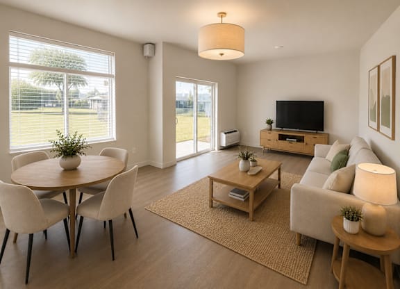 A living room with a television, a couch, a coffee table, and a dining table.