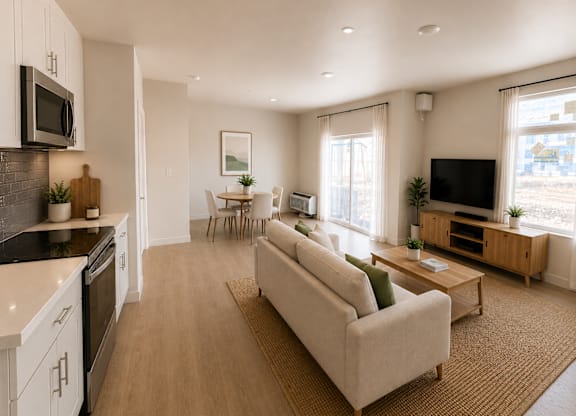 A modern living room with a beige sofa and a kitchen area with white cabinets.