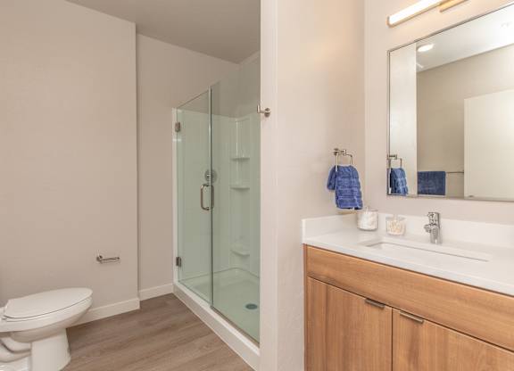 A bathroom with a toilet, sink, and shower.