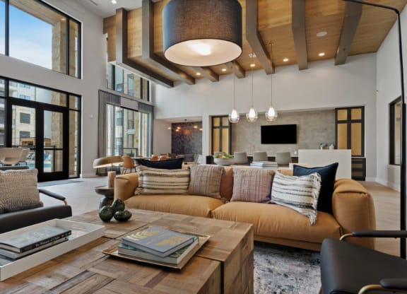a living room with a large couch and a coffee table