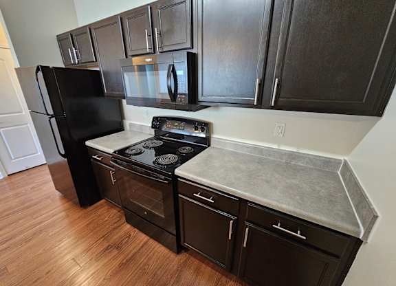 A kitchen with black appliances and cabinets.