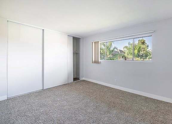 A room with a carpeted floor, a window, and a sliding door.