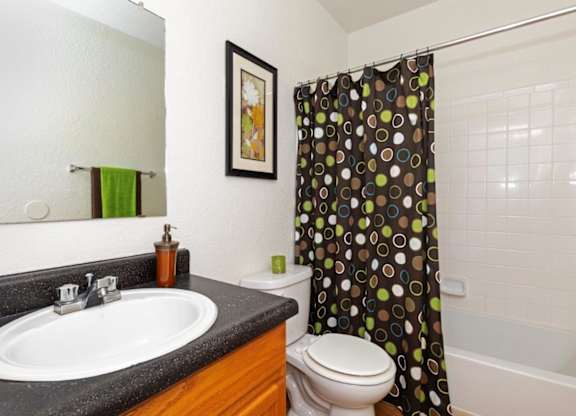A bathroom with a sink, toilet, and shower curtain.