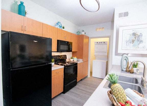 a kitchen with a black refrigerator and a sink