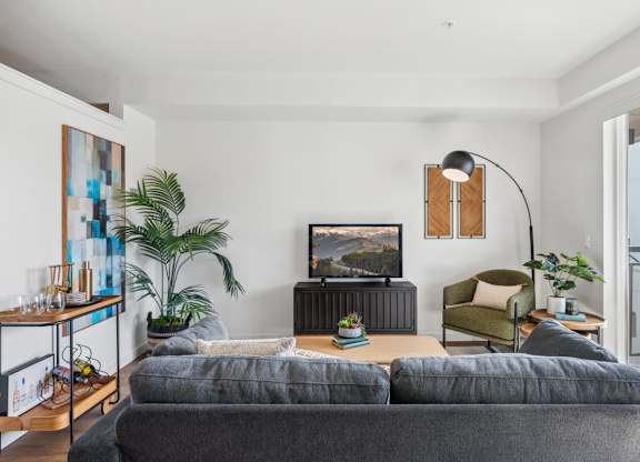 A grey sofa sits in a living room with a television and a plant at Cru at Willows Apartments, Redmond, WA