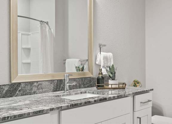 A bathroom with a marble countertop and a large mirror.