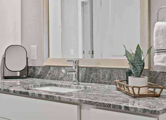 A bathroom counter with a marble top and a plant in a basket.