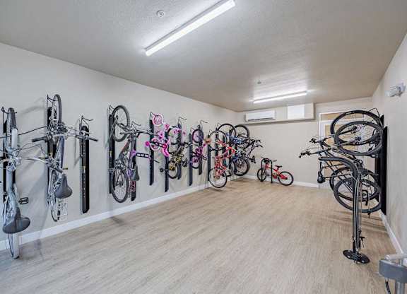 A room full of bicycles parked on stands.
