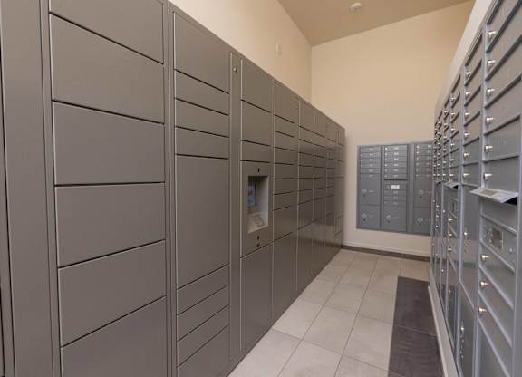 A row of grey lockers in a room.