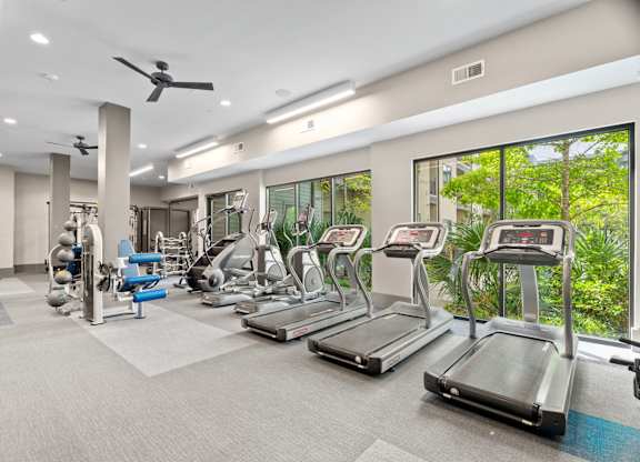 A spacious gym with treadmills, weights, and exercise equipment.