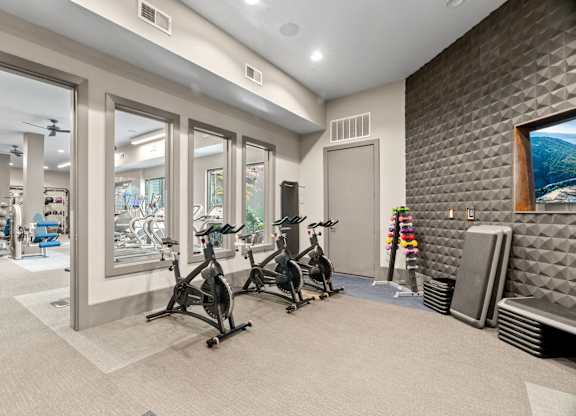 A room with a treadmill and exercise bike.